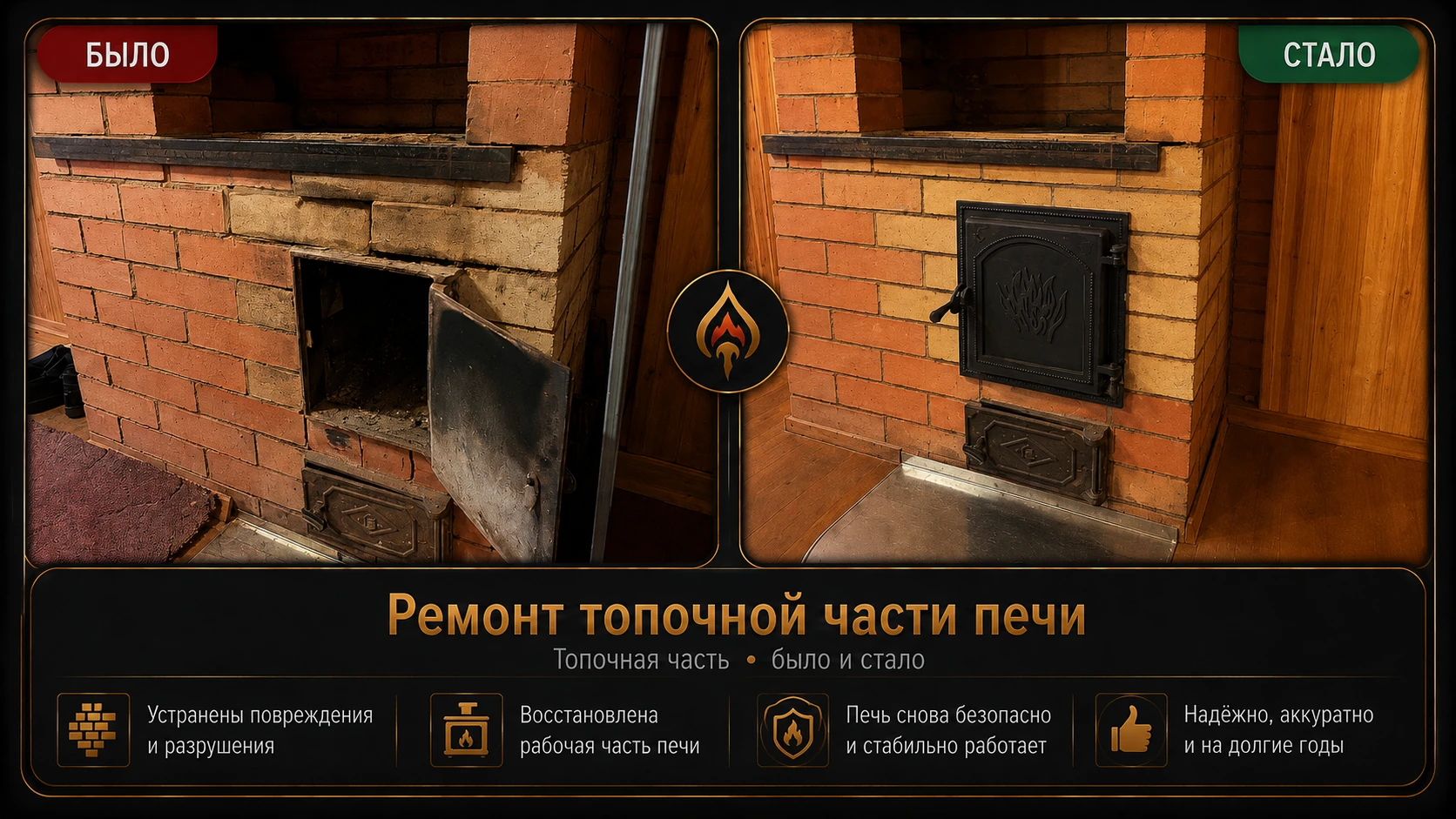 Ремонт топочной части кирпичной печи — восстановление кладки до и после