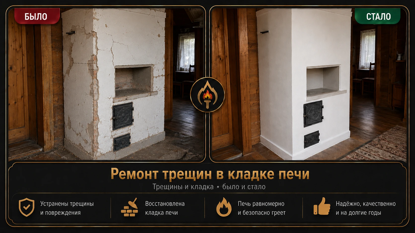 Устранение трещин в печи — восстановление поверхности и кладки до и после