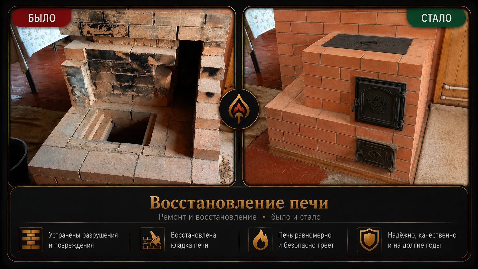 Восстановление кирпичной печи — ремонт топочной части и кладки до и после